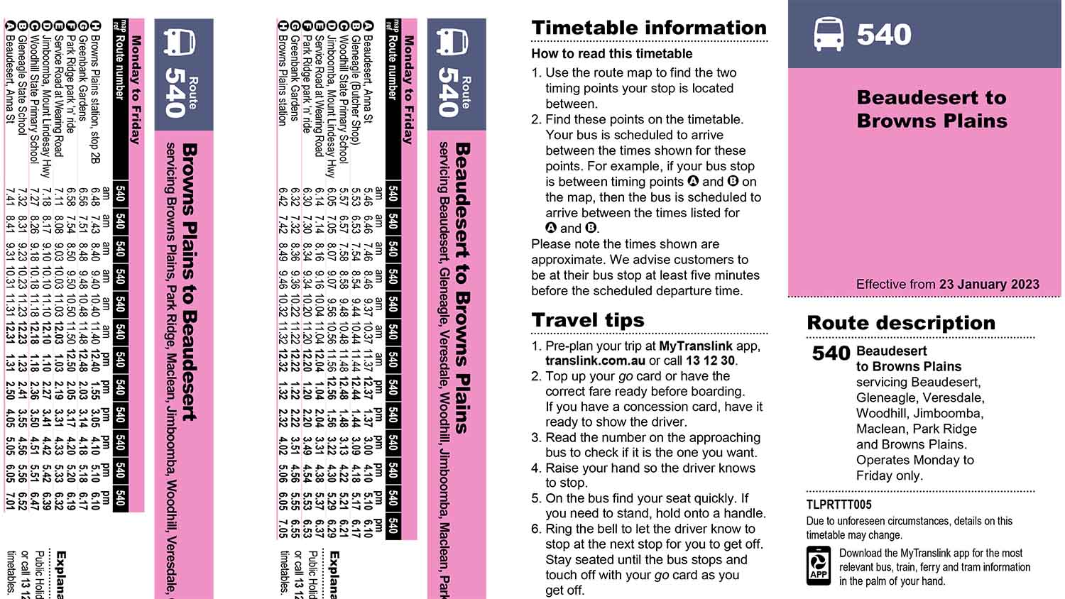 Example of Translink timetable for the area